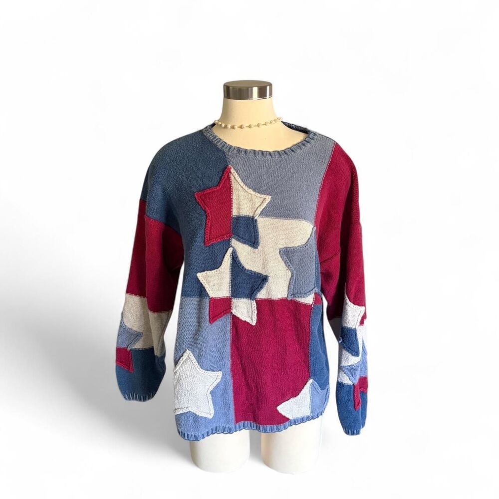 Vintage 90s NorthStyle Patchwork Star Knit Sweater Size XL‎ Red Blue Colorblock